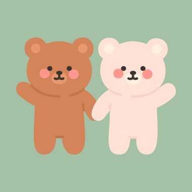 Cute Brown and White Bears Holding Hands and Raising Their Paws in a Greeting Pose Vector Illustration