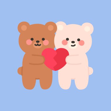 Brown and White Bears Holding a Red Heart Together Vector Illustration