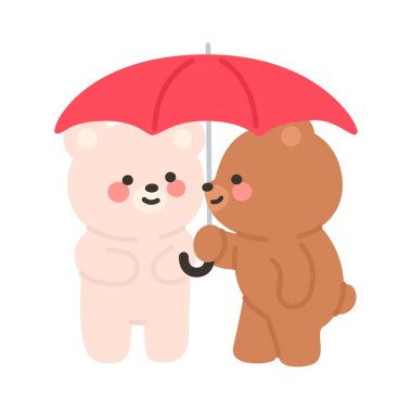 Cartoon Bear Couple Facing Each Other Under a Red Umbrella Vector Illustration