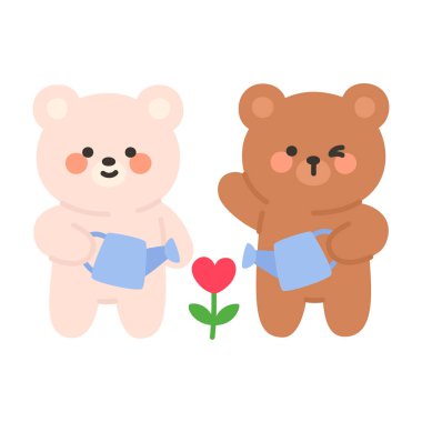 Korean Couple Bears Cartoon Watering a Heart-Shaped Tulip Together Vector Illustration