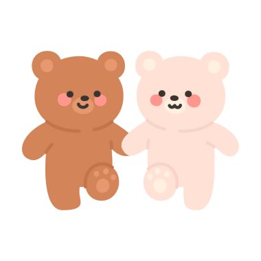 Front View of Korean Couple Bears Cartoon Smiling and Holding Hands While Walking Vector Illustration