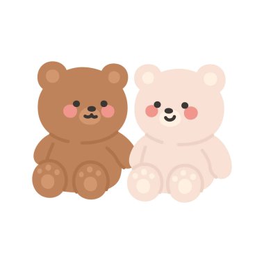 Korean Couple Bears Cartoon Sitting Together with Cute Expressions and Pastel Colors Vector Illustration