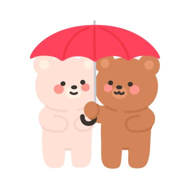 Korean Couple Bears Cartoon Holding a Red Umbrella Together Vector Illustration