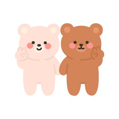 Korean Couple Bears Cartoon Making a Peace Sign and Smiling Together Vector Illustration