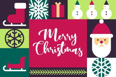 Festive Christmas greeting card with holiday icons surrounding a hand lettered Merry Christmas message Vector Illustration