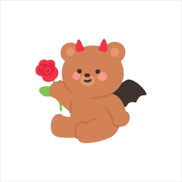 Cute Devil Bear Holding a Red Rose with Bat Wings on White Background Vector Illustration