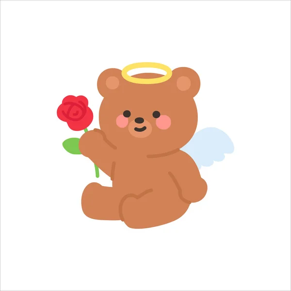 Sweet Angel Bear Holding a Red Rose with a Golden Halo and Wings Vector Illustration