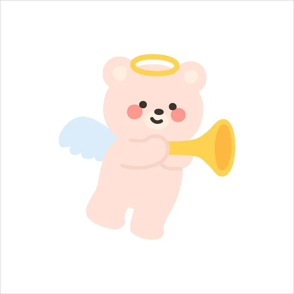 Adorable Angel Bear Joyfully Blowing a Golden Trumpet in the Air Vector Illustration