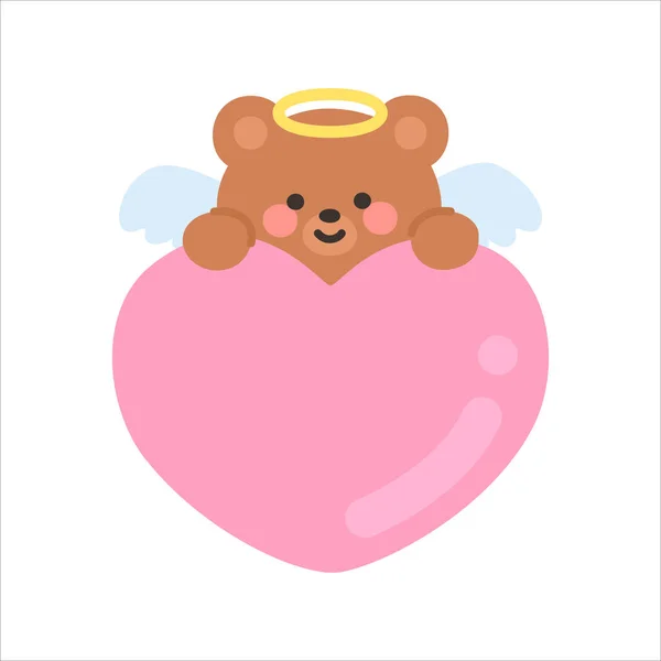 Angel Bear Popping Up from Behind a Large Pink Heart with a Playful Smile Vector Illustration