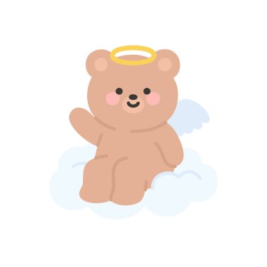 Sevimli Melek Ayı Bulutta Oturuyor ve El sallıyor Merhaba Vektör İllüstrasyonu