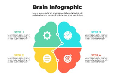 İşlem açıklaması için merkezi bağlantıları ve parlak renk kodlu segmentleri olan dörtte bir beyin bilgisi