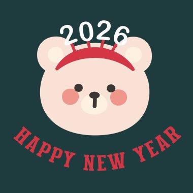 Sevimli Ayı Karakteri Mutlu Yıllar 2026 Selamlama Vektörü İllüstrasyonu