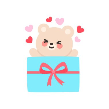 Yüzen Kalpler Vektör İllüstrasyonlu Mutlu Ayı Bir Hediye Kutusundan Çıktı