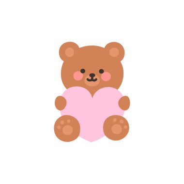 Cute Sitting Bear Hugging a Pink Heart Vector Illustration