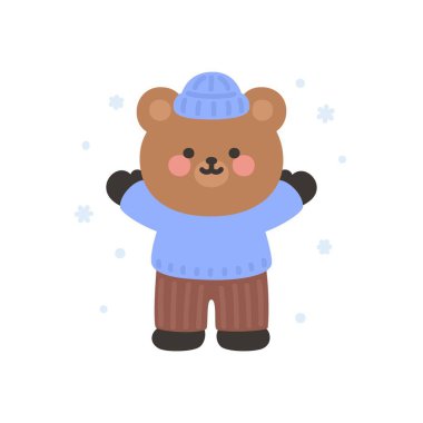 Düşen kar tanelerinin arasında duran sevimli bir ayı Vektör İllüzyonu