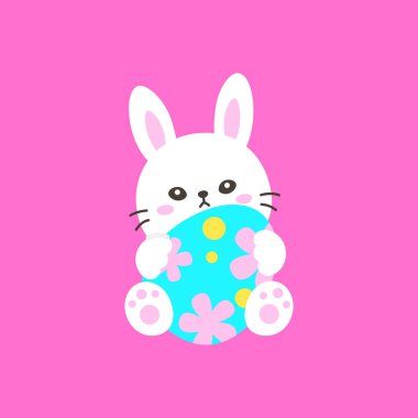 Beyaz Tavşan Pembe Arkaplanda Pembe Çiçeklerle Mavi Paskalya Yumurtası Oturup Kucaklıyor