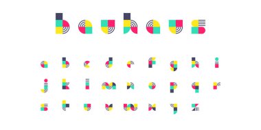 Çizgili ve desenli Bauhaus Harfleri Beyaz Üzerinde Oyuncu Yuvarlak Şekiller ve Renk Örtüleri ile Vektörü