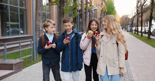 Retrato de jóvenes alumnos alegres caminando al aire libre y hablando mientras comen manzanas. Niños y niñas caucásicos universitarios con mochilas comiendo bocadillos después de la escuela en la calle. Concepto de almuerzo —  Fotos de Stock