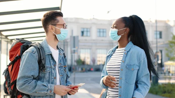 Portrait Mixed Race Young Joyful Married Couple Man Woman Masks — Stok fotoğraf