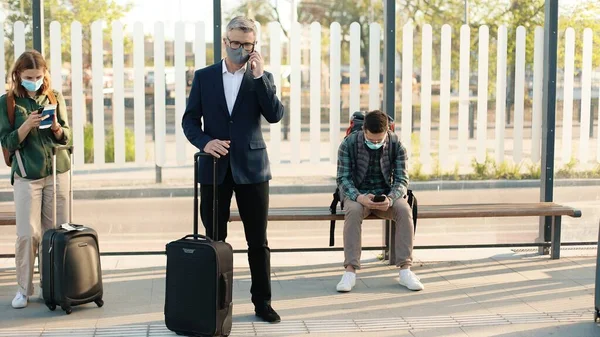 Different Multi Ethnic People Travellers Standing Street Waiting Bus Train — Photo