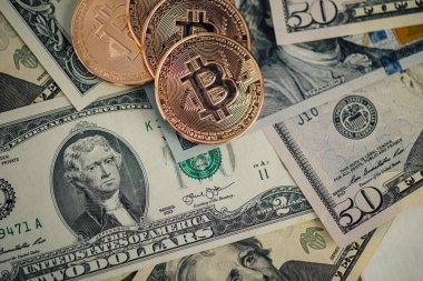 Para geçmişi. Euro Banknotes ve Bitcoin kripto para yatırımı konsepti ile ABD doları.