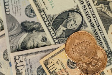 Para geçmişi. Euro Banknotes ve Bitcoin kripto para yatırımı konsepti ile ABD doları.