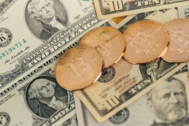 Para geçmişi. Euro Banknotes ve Bitcoin kripto para yatırımı konsepti ile ABD doları.