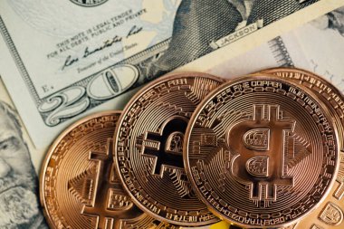 Para geçmişi. Euro Banknotes ve Bitcoin kripto para yatırımı konsepti ile ABD doları.