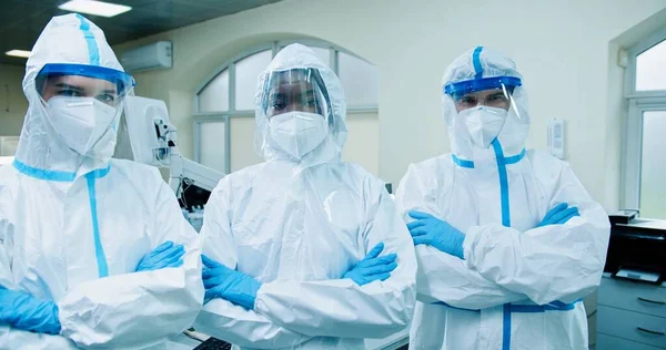 Portrait Multi Ethnic Different Doctors Medical Scientist Protective Suits Face — Foto Stock