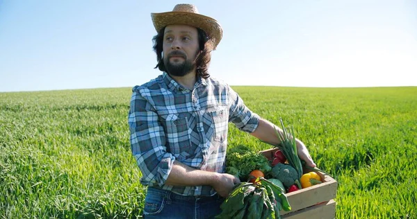 Blanke vermoeide boer met hoed die het platteland uitloopt met verse, verzamelde groene groenten. Voedsel oogsten. Binnenlandse landbouwindustrie. Biologisch voedselconcept — Stockfoto