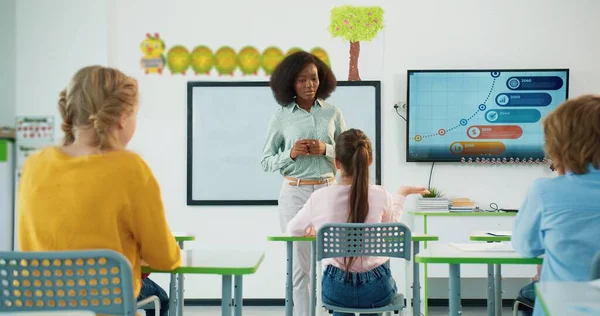 Szczęśliwa Afroamerykanka piękna młoda nauczycielka stojąca obok tablicy wyjaśniającej lekcję dzieciom w klasie i zadająca pytania, a dzieci podnoszą ręce. Kształcenie podstawowe — Zdjęcie stockowe