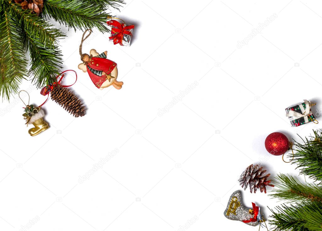 Christmas frame decorated with snowflakes on white background with copy space for your text. Top view.