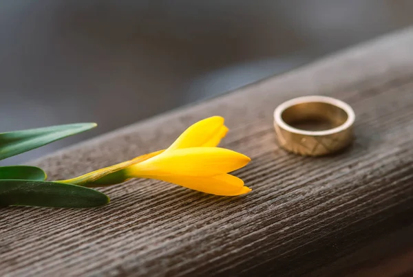 Vigselring Och Gul Vild Blomma Träskiva — Stockfoto