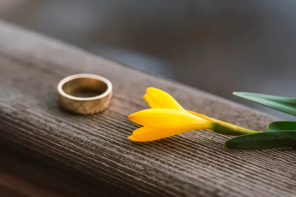 Fede Nuziale Fiore Selvatico Giallo Una Tavola Legno — Foto Stock