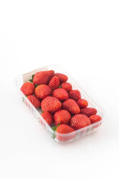 Red Ripe Strawberry Plastic Box Packaging Sale White Background — Stock Photo, Image