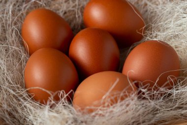 Hasır bir sepette samanla kahverengi tavuk yumurtası