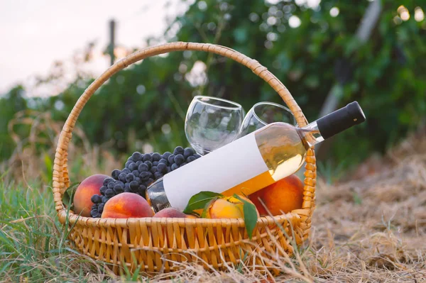Kosz Piknikowy Białym Winem Owocami Zielonym Trawniku — Zdjęcie stockowe
