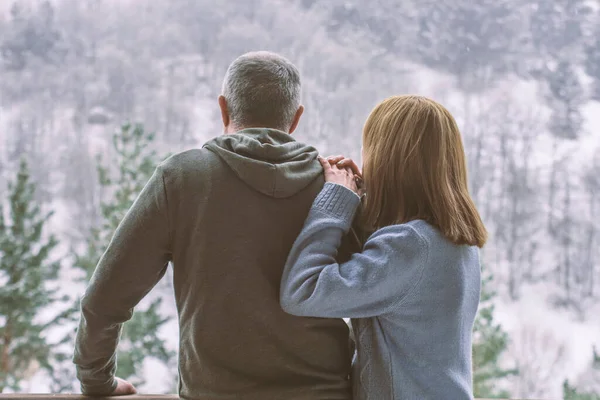 Loving Couple Terrace Winter View Back — Stock Photo, Image