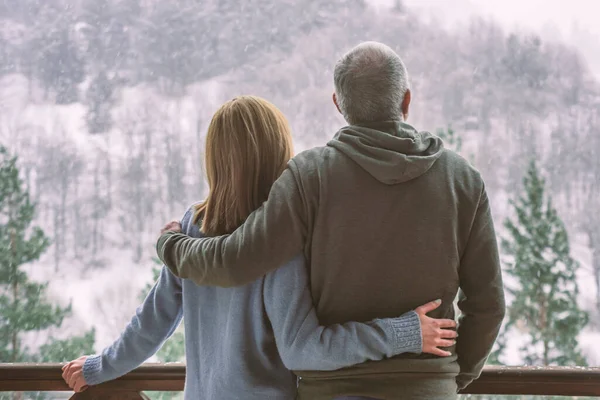 Lovely Couple Terrace House Look Out Forest Background Love Concept — Φωτογραφία Αρχείου