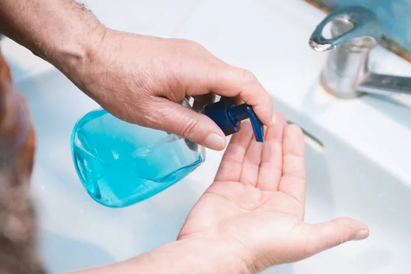 Man Washes Hands Soap Bathroom Best Protection Corona Virus Infection — Stock Photo, Image