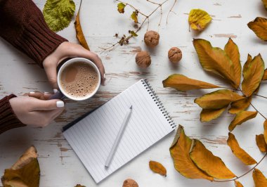 Sarı yapraklı, cevizli ve kalemli eski püskü kahve bardağını tutan kadın ellerinin üst görüntüsü.