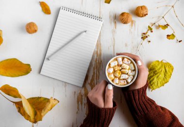 Sarı yapraklı, cevizli, kalemli ve sonbahar kompozisyonu olan eski püskü masa üzerinde marşmelovlu bir fincan kakao tutan kadın ellerinin üst görüntüsü.