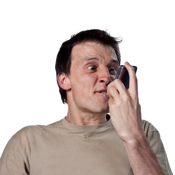 Man screams at phone — Stock Photo, Image