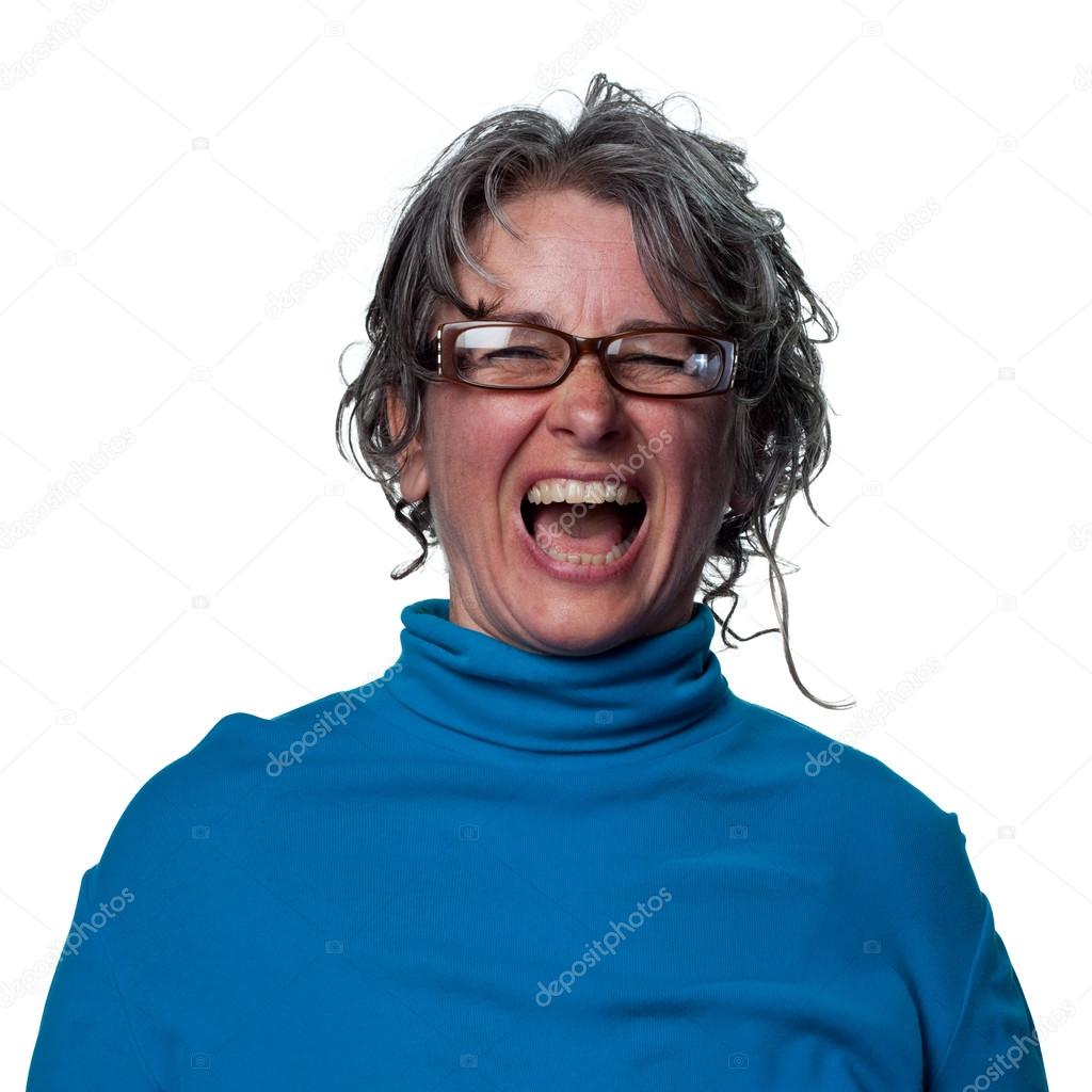 Woman laughing out loud in reaction