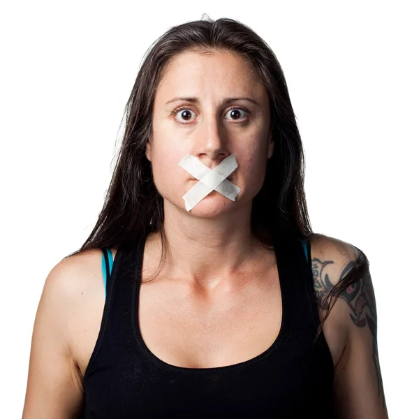 Mulher silenciada com fita adesiva — Fotografia de Stock