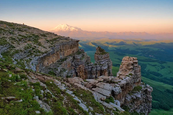 View of Elbrus from the Bermamyt plateau at dawn.