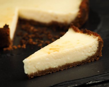 Lezzetli ev yapımı klasik New York peynirli keki ve koyu bir arka planda dilimi olan kompozisyon.