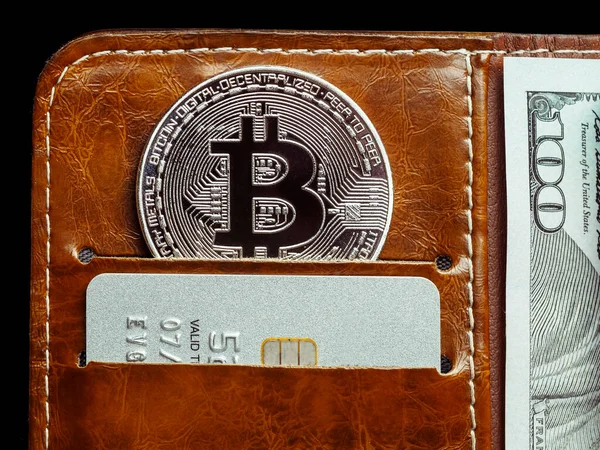 Bitcoin Moeda Eletrônica Uma Bolsa Sistema Pagamento Criptográfico Virtual Moeda — Fotografia de Stock