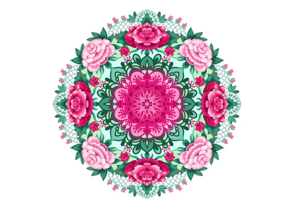 Mandala Şeklinde Gül Çiçekleri Ile Simetrik Süslemenin Dekoratif Görüntüsü — Stok fotoğraf