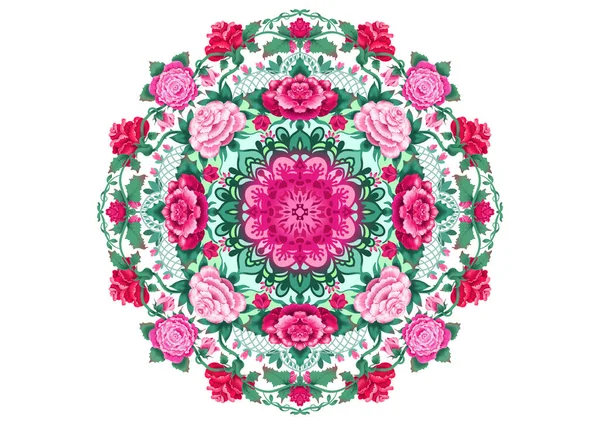 Mandala Şeklinde Gül Çiçekleri Ile Simetrik Süslemenin Dekoratif Görüntüsü — Stok fotoğraf